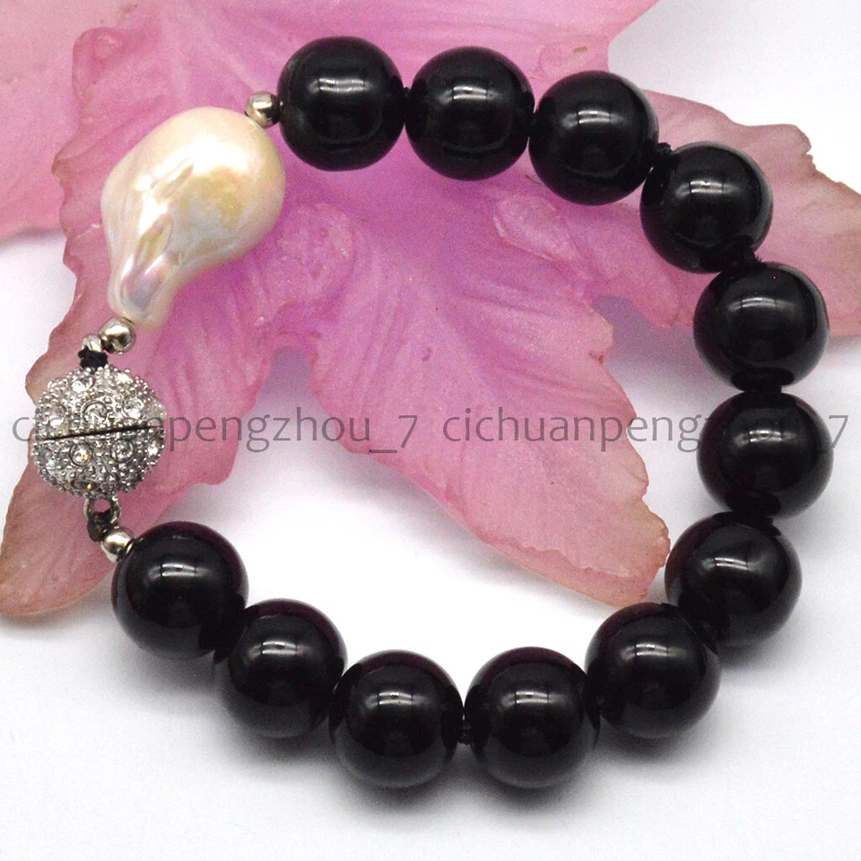 Brazalete de perlas barrocas Keshi blancas de 14 mm con cuentas redondas de ágata negra de 13 x 18 mm de 7,5"" Foto 2 de 3