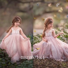Flower Girl Dress Coral Sleeveless Elegant Long Pageant Bridesmaid Party Gown