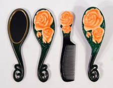Hand Painted Orange Rose Flower Hair Brush Mirror Comb Set Set of 3 B29F