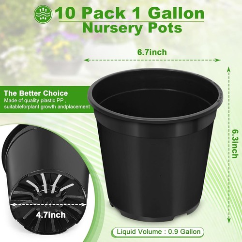 10 Pack of 1 Gallon Plastic Nursery Pot with Drainage Holes for Outdoor Garden - Picture 3 of 8