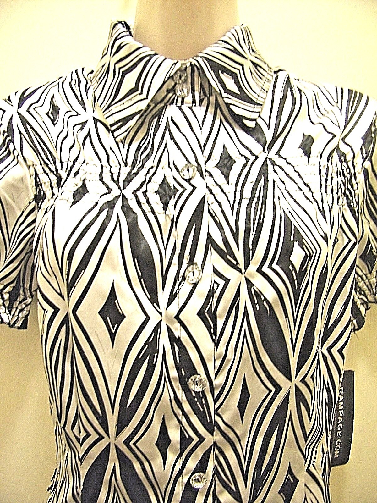 Women's Vintage Rampage Black White Print Silky Sexy Top Shirt Blouse Sz M Work image 2