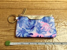 Lilly Pulitzer ID Case Wallet Card Holder Keychain Blue Pink Zip Close NWOT