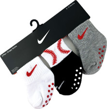 Nike Baby 3 Pk Multicolor Ankle Cotton Baseball Swoosh Gripper Sock Set 6-12 MO