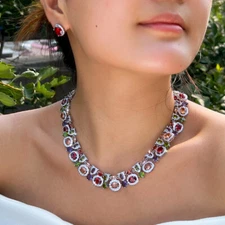 Silver Plated CZ Zirconia Wide Tennis Choker Necklace Earrings Women Jewelry Set