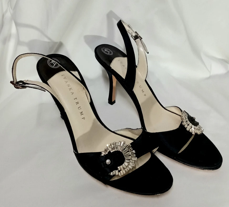 IVANKA TRUMP - SLINGBACK размер 8,5 М черный атласный верхний кожаный подошвы со стразами - Изображение 3 из 4