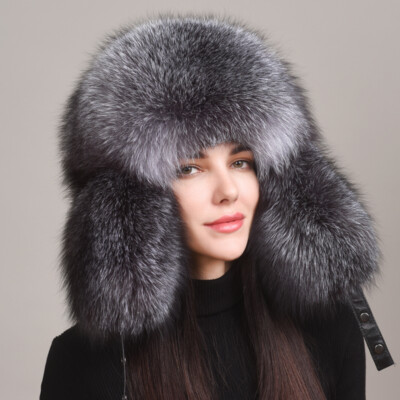 Unisex Full Covered Real Natural Fox Fur Hat Russian Ushanka Hat Trapper Hat