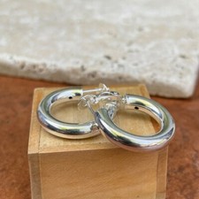 Women's Classic Real 925 Sterling Silver 1.18"  3mm Medium Hollow Hoop Earrings