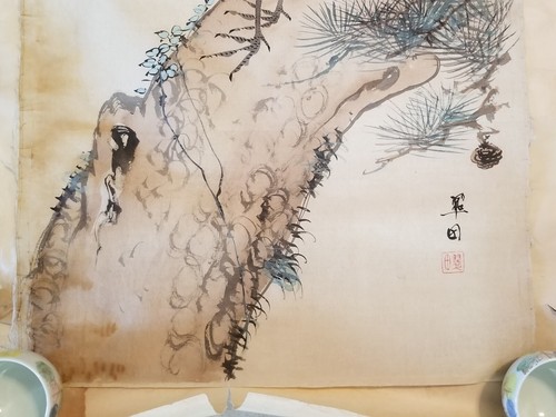 VTG. JAPANESE CHINESE ASIAN LANDSCAPE STORK CRANE HANGING SILK SCROLL PAINTING - Picture 7 of 10