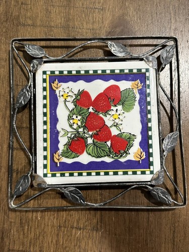 Vintage Ceramic Tile Trivet w/Strawberries On Metal Leaf Decorative Holder