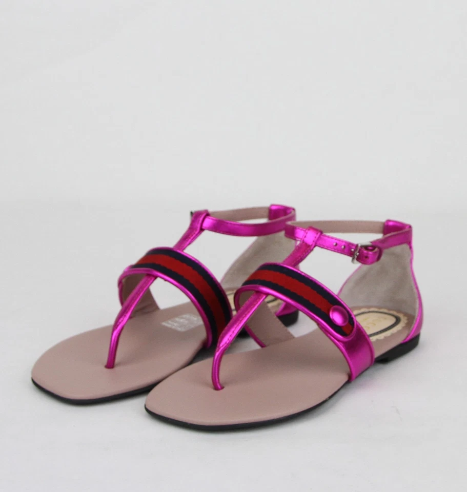 Sandalia Gucci Niña Niños Cuero Rosa Metálico con Red Rojo Azul 455382 5565 Foto 2 de 4