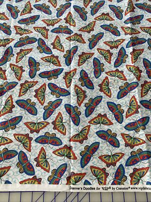 Vintage Cranston Cotton Fabric Butterflies Moths Diane's Doodles Quilting  2 yds