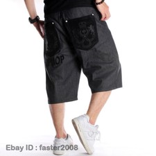 Mens Jeans Shorts Denim Pants Relaxed Hip-Hop Baggy Loose Black W30-W46