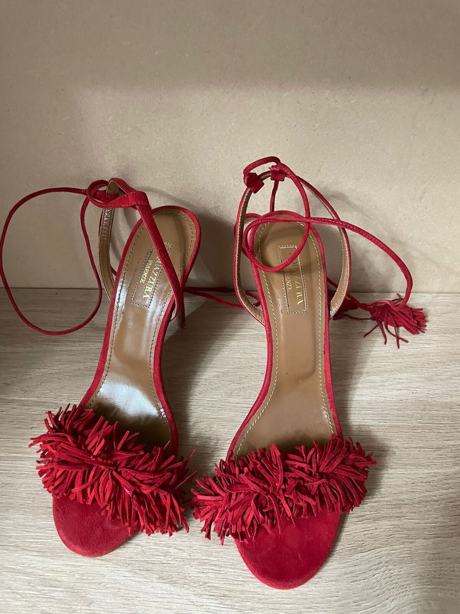 Aquazzura Wild Thing 105 Fringe Tasseled Suede Sandals Heels Lipstick Red  Sz 38