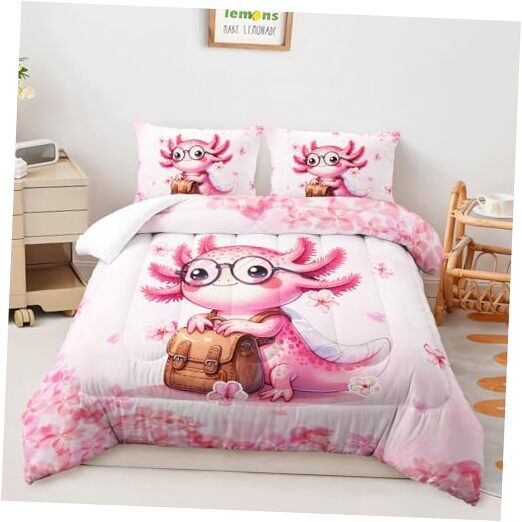 Axolotl Girls Comforter Set,Cute Axolotl Kids Bedding Set,3 Full Axolotl21