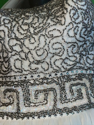 1970’s Mike Benet Ivory Chiffon Beaded Sequined Formal Gown Sz 11 W Scarf - Picture 3 of 24