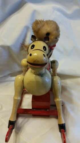 Vintage Enesco 1980 Wooden Rocking Horse with music box and Bear Rider - Picture 8 of 12