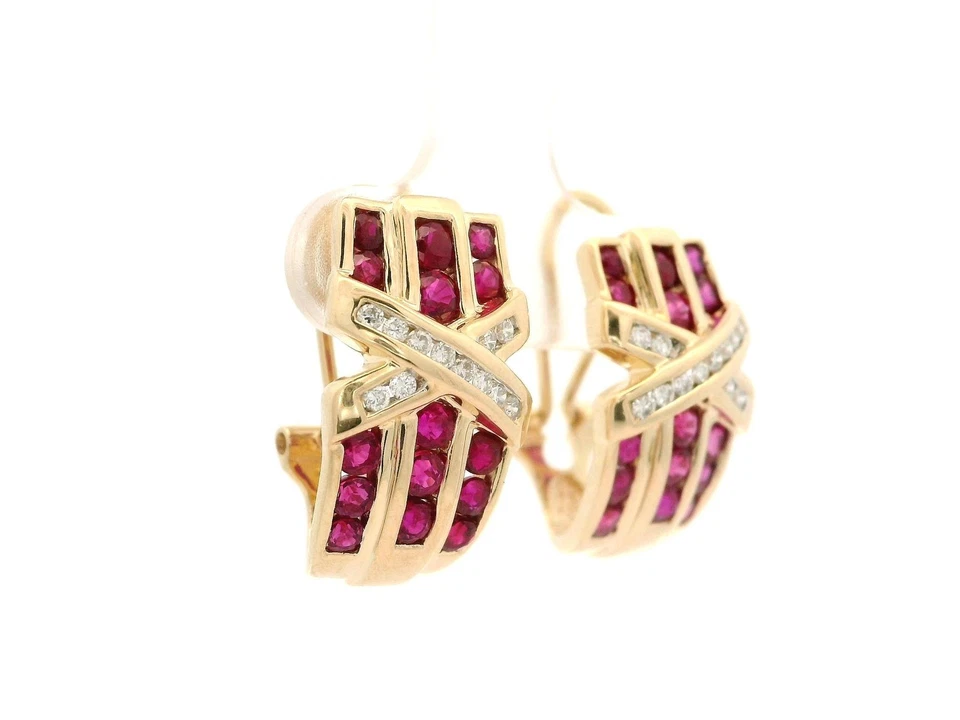 14k Yellow Gold Vivid Ruby & Diamond X Design Cuff Omega Clip On Earrings - Image 2 of 4
