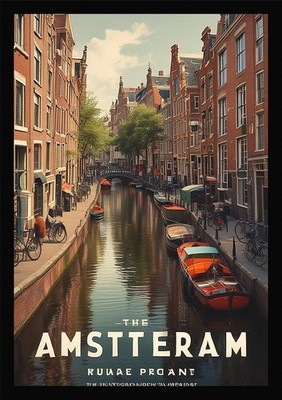 Vibrant Amsterdam Canals Framed Wall Art Poster Canvas Print Picture