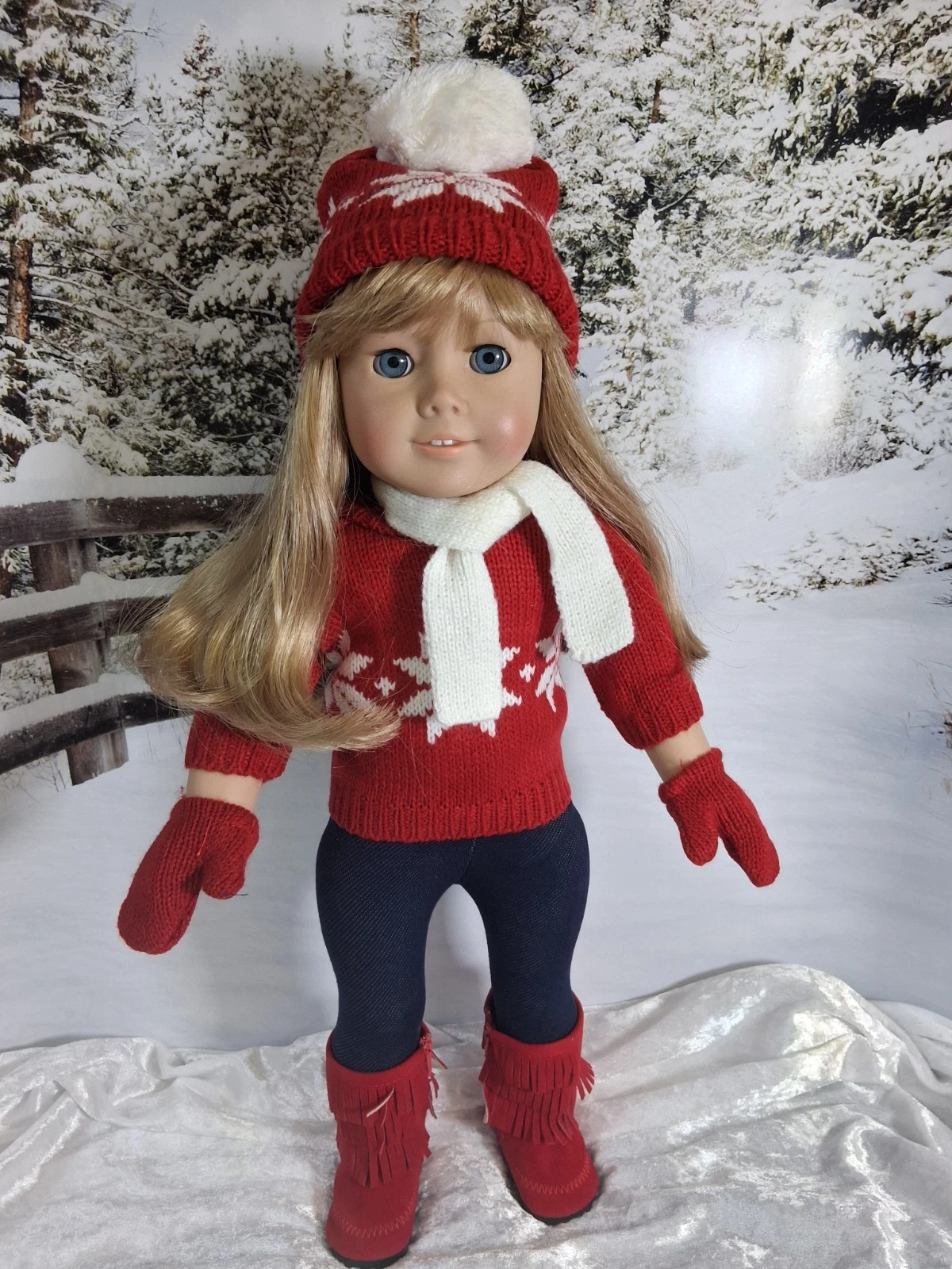 American Girl Doll Blonde Blue Eyes Red Snow Sweater Hat Gloves Boots Refurbed