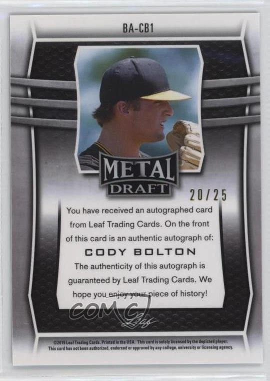 2019 Leaf Metal Draft Purple /25 Cody Bolton #BA-CB1 Auto - Image 2 of 2