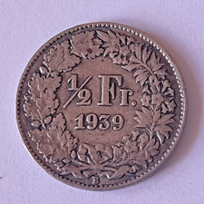 Switzerland 83.5 Percent Silver Half Franc Coin 1939 B Helvetia