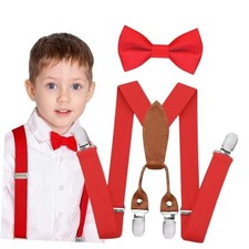 4-Clips Boys Suspenders Pre-Tied Bow Tie Set Adjustable 27in 1-8 Years Red