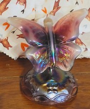 Vintage Fenton Butterfly On A Branch Iridescent Plum Carnival Glass