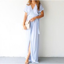 Nasty Gal wrap dress maxi pale blue waist tie lightweight short sleeve gauze SM
