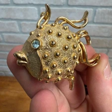 Vintage Fuller Brush Co Perfume Locket Brooch Puffer Fish Rhinestone Eye