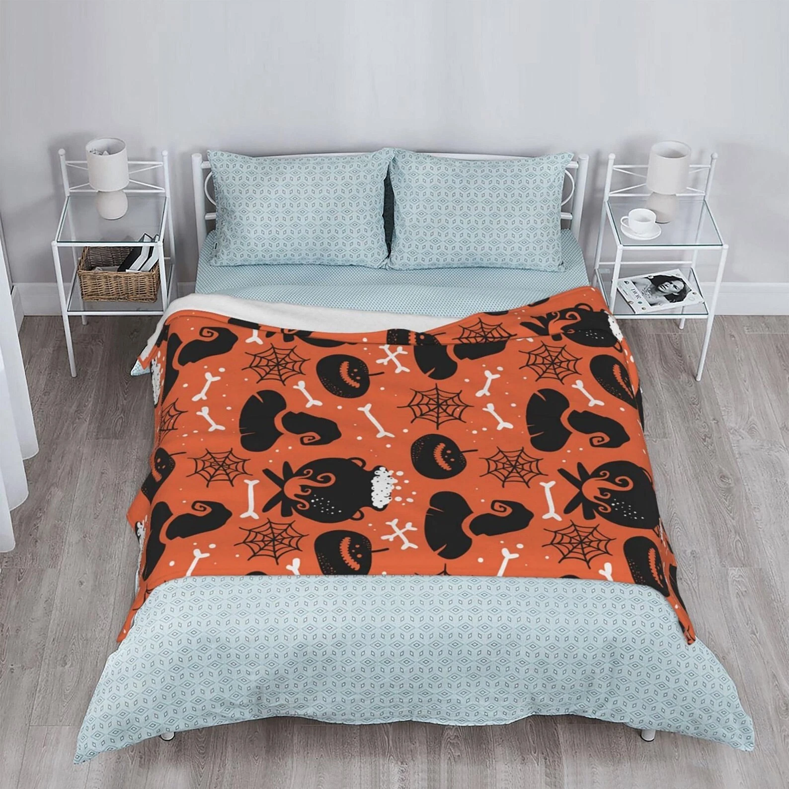 Halloween Flannel Blanket with Witch Hat Pumpkin and Spiderweb Design