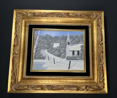 #ad Vintage G. von TRIER Original Painting Country Winter Scene Signed Numbered $325.00