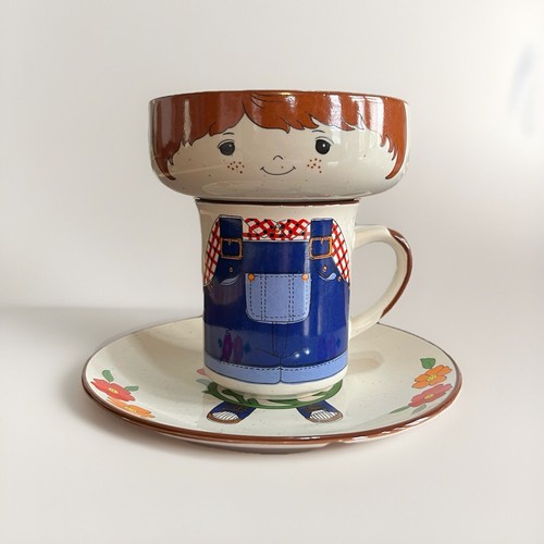Vintage Interpur 3pc child Gardener/Farmer~ Ceramic mug bowl plate set.