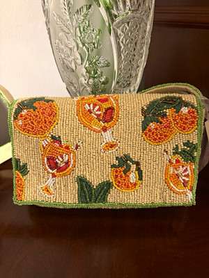 Beaded Citrus Floral Small Women s Shoulder Bag Detachable Strap Zip Beige