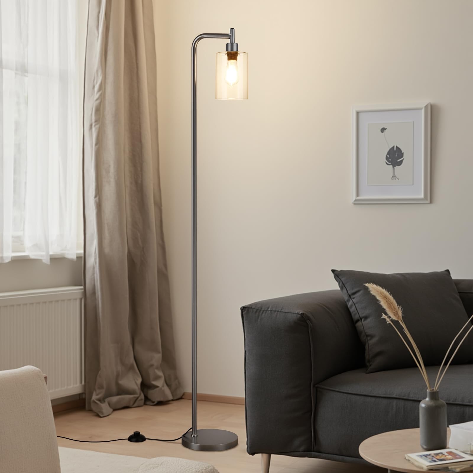 Industrial Floor Lamp for Living Room with Glass Shade and Adjustable Height