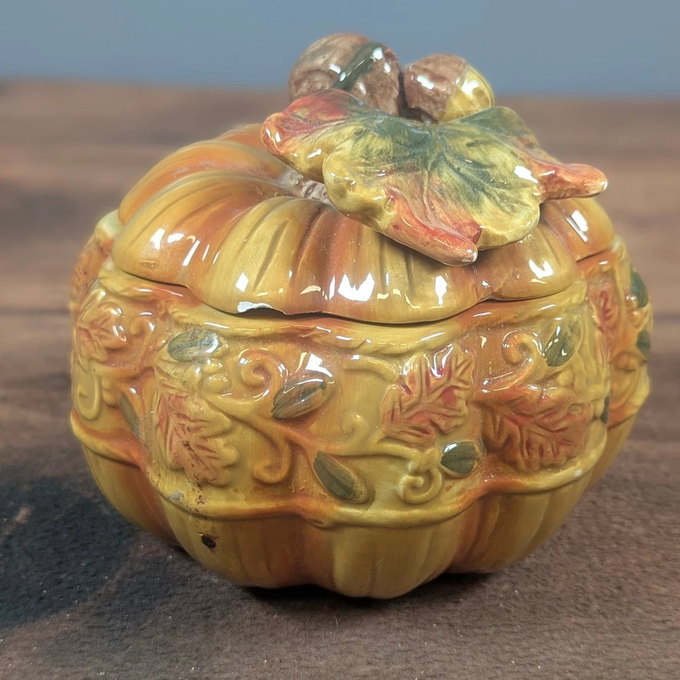 Pumpkin Trinket Box Fall Decor Autumn Leaves Acorns Ceramic Container - Image 4 of 4
