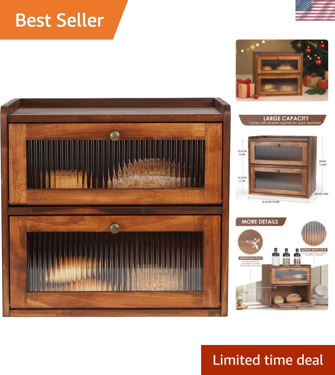 Bread Box for Kitchen Countertop Wooden Bread Storage Container Bin 2 Layer B...