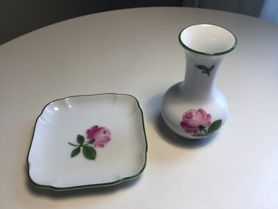 VTG 1989 Augarten Wien Viennese Rose Porcelain Mini Vase & Trinket Dish