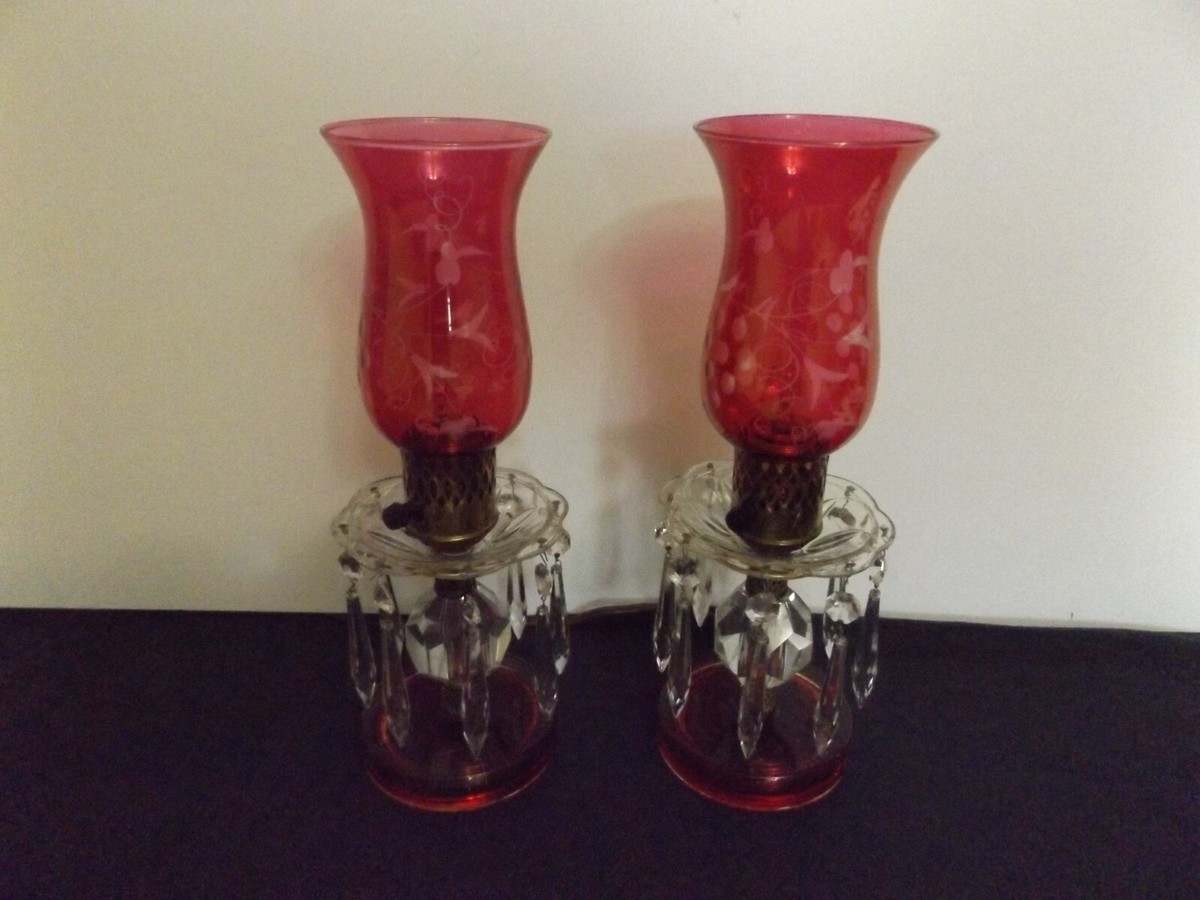♡ヴィンテージ　クランベリーブランチクリスタルランプ♡ Vintage , Hurricane Cranberry Cristal Lamps | eBay