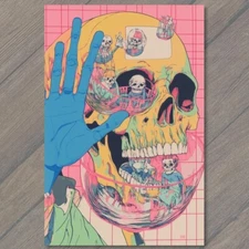 Art Print Blue Skeleton Hand Giant Skull Cartoon Style Vibrant Pink Background