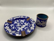 Antique Chinese Cloisonne Ashtray & Match Holder Blue Floral (A8)