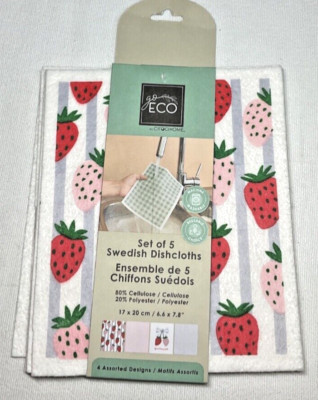 CIROA HOME SWEDISH DISHCLOTHS (5) 6 .6 X 7.5 STRAWBERRIES STRIPES NIP