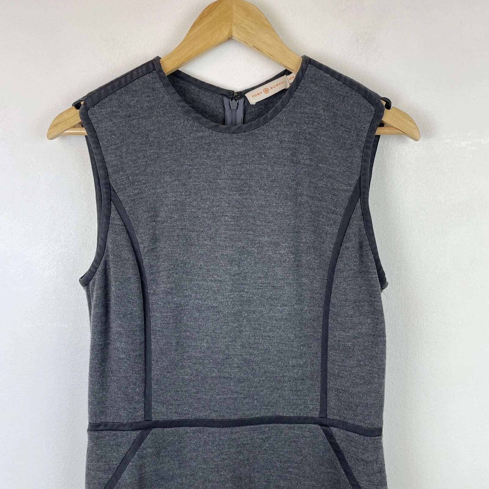 Abito Tory Burch grigio maglia lana matita senza maniche nero tubino lunghezza ginocchio M