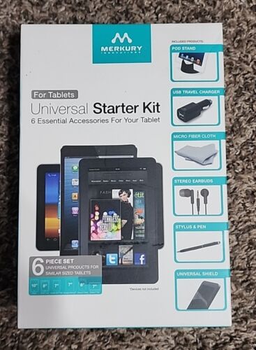 Merkury  6Pc Starter Tablet Kit Earbuds, Charger,Stand,Cloth,Stylus Pen & Shield - Picture 1 of 3