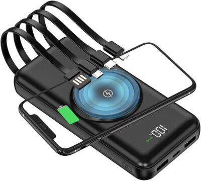 Wireless Power Bank W/ Cables 10,000mAh Portable Travel Charger Battery Backup