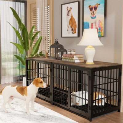 Furniture Style Dog Crate End Table Wooden Metal Pet Kennel Cage Large Anti bite eBay