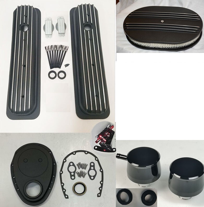 8797 SBC Black Tall Valve Covers & Breather PCV &15" Air Cleaner