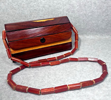 Vintage 70s Wooden Slat Shoulder Bag Small Size Two Tone Lined Snap Button Boho