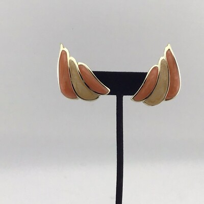 Vtg Earrings GoldT Enamel Half Shell Style 1-1/2  L 1980s Chic Look Beauty