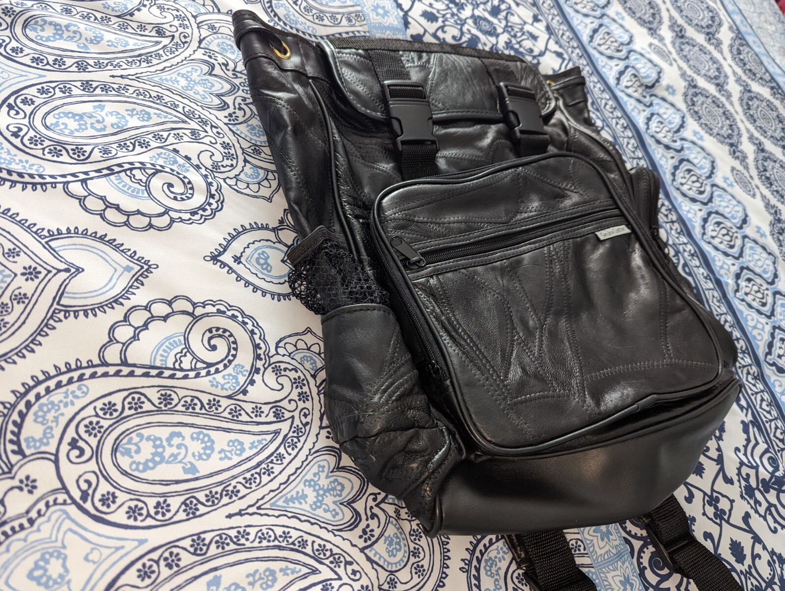 Leather Patchwork Backpack With Drawstring Top Un… - image 4