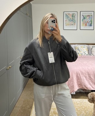 ZARA Grey Oversize Faux Suede Bomber Jacket With Gathered Sleeves